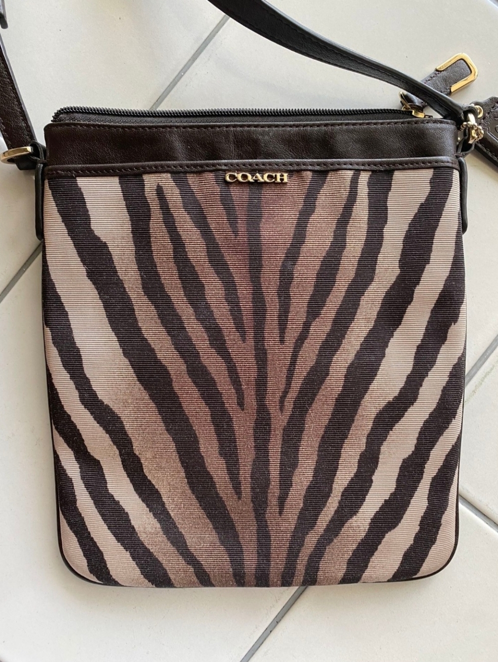Coach Madison Cross Body Small Zebra Print Purse Brown